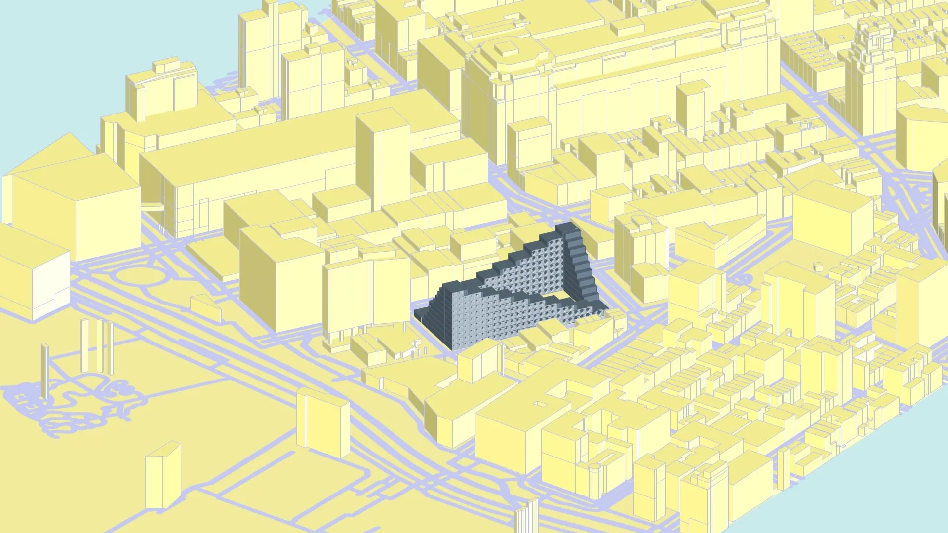 A stepped building covered in aperture panels, in a pale yellow city model.